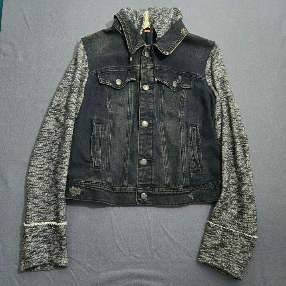 Free People Jean Jacket Woman M Hooded Knit Sleeves Distressed Boho Black Denim